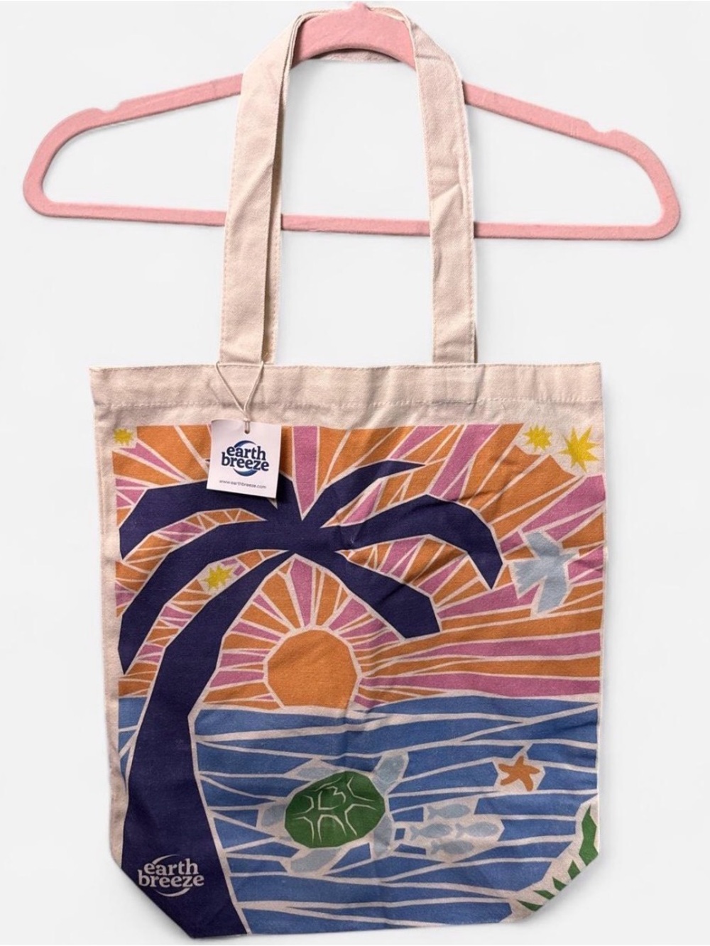 NWT Earth Breeze Organic Cotton Sea Turtle Palm Tree Beach Print Canvas Tote Bag